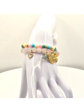 Pastel Beaded Bracelet Set With Gold Tone Heart Charms And Star Accents